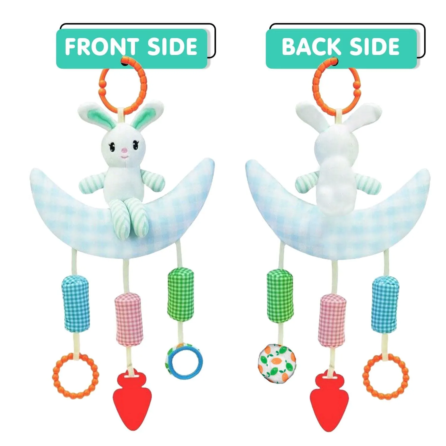 Baby Moo Bunny On Moon Wind Chime Hanging Toy With Teether - Blue