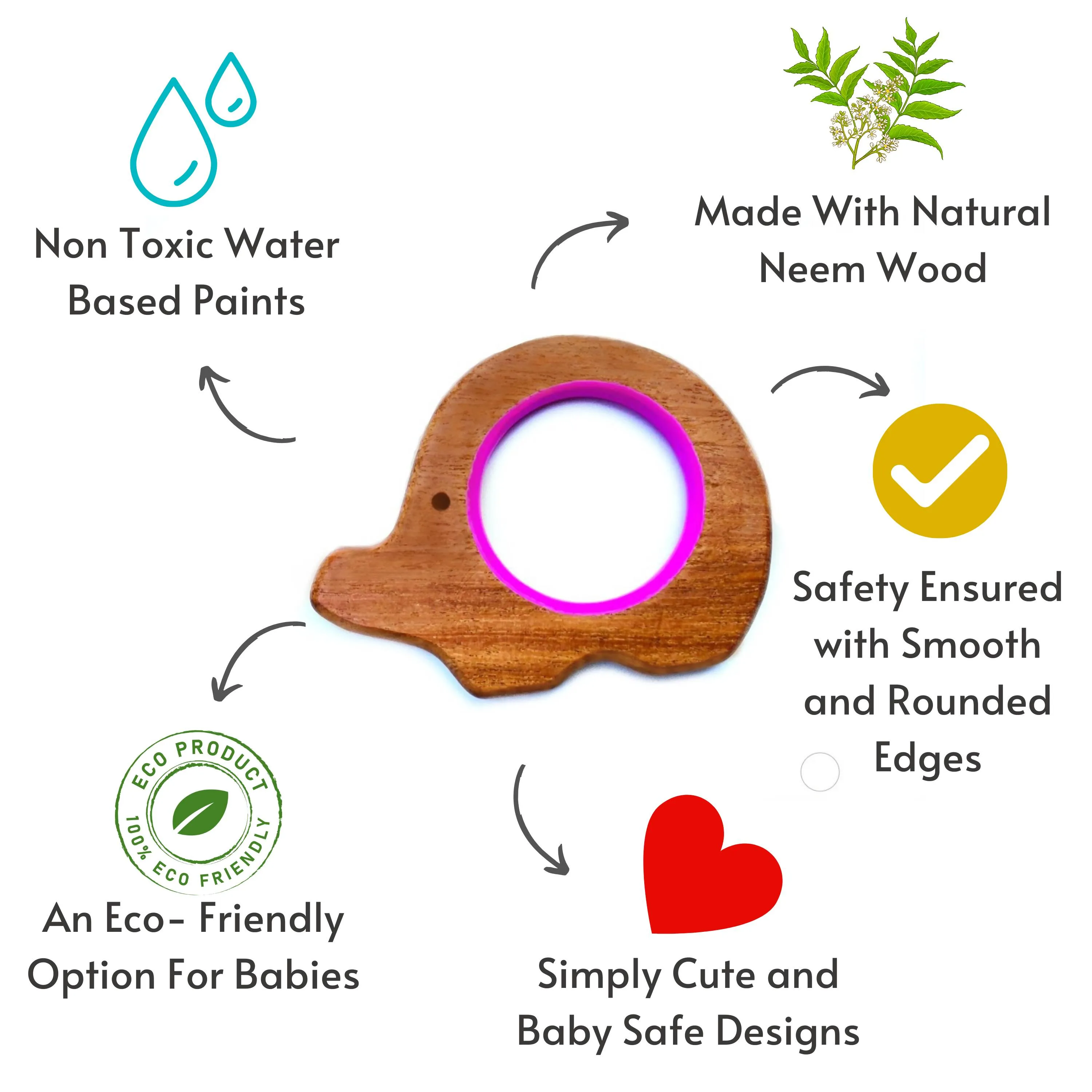 Babycov Cute Hippo and Elephant Natural Neem Wood Teethers for Babies | Natural and Safe | Goodness of Organic Neem Wood | Both Chewing and Grasping Toy | Set of 2 (Age 4  Months)