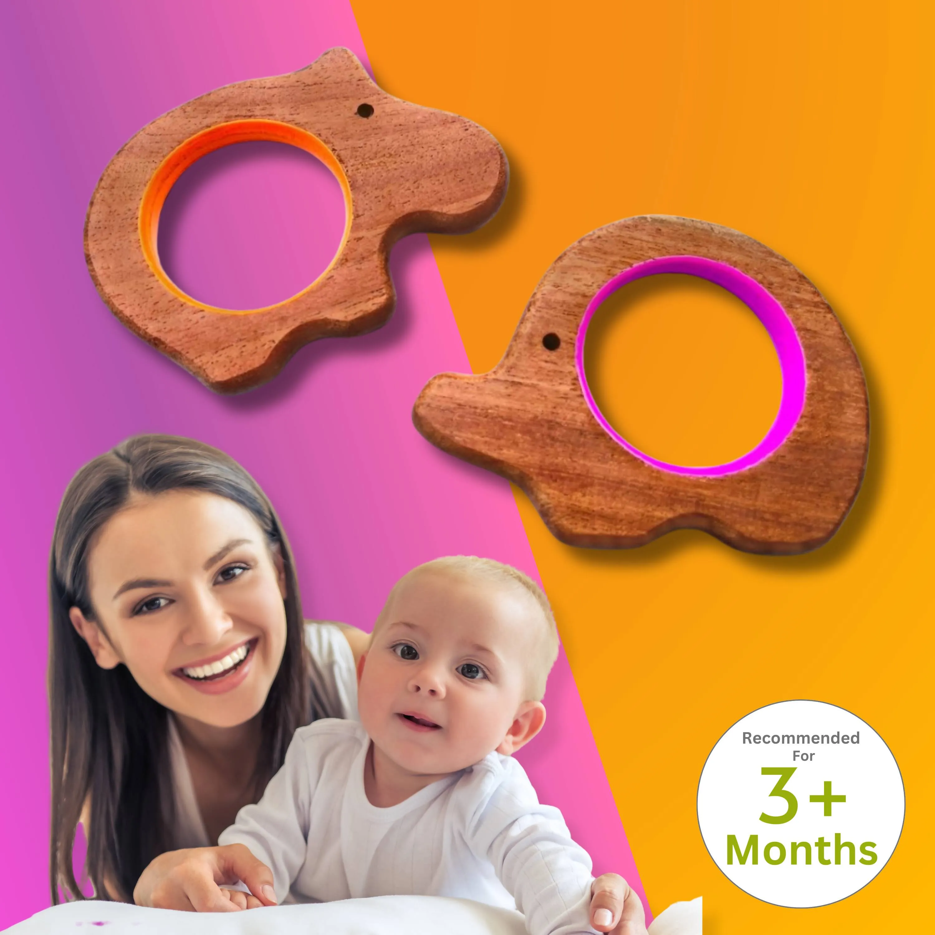 Babycov Cute Hippo and Elephant Natural Neem Wood Teethers for Babies | Natural and Safe | Goodness of Organic Neem Wood | Both Chewing and Grasping Toy | Set of 2 (Age 4  Months)