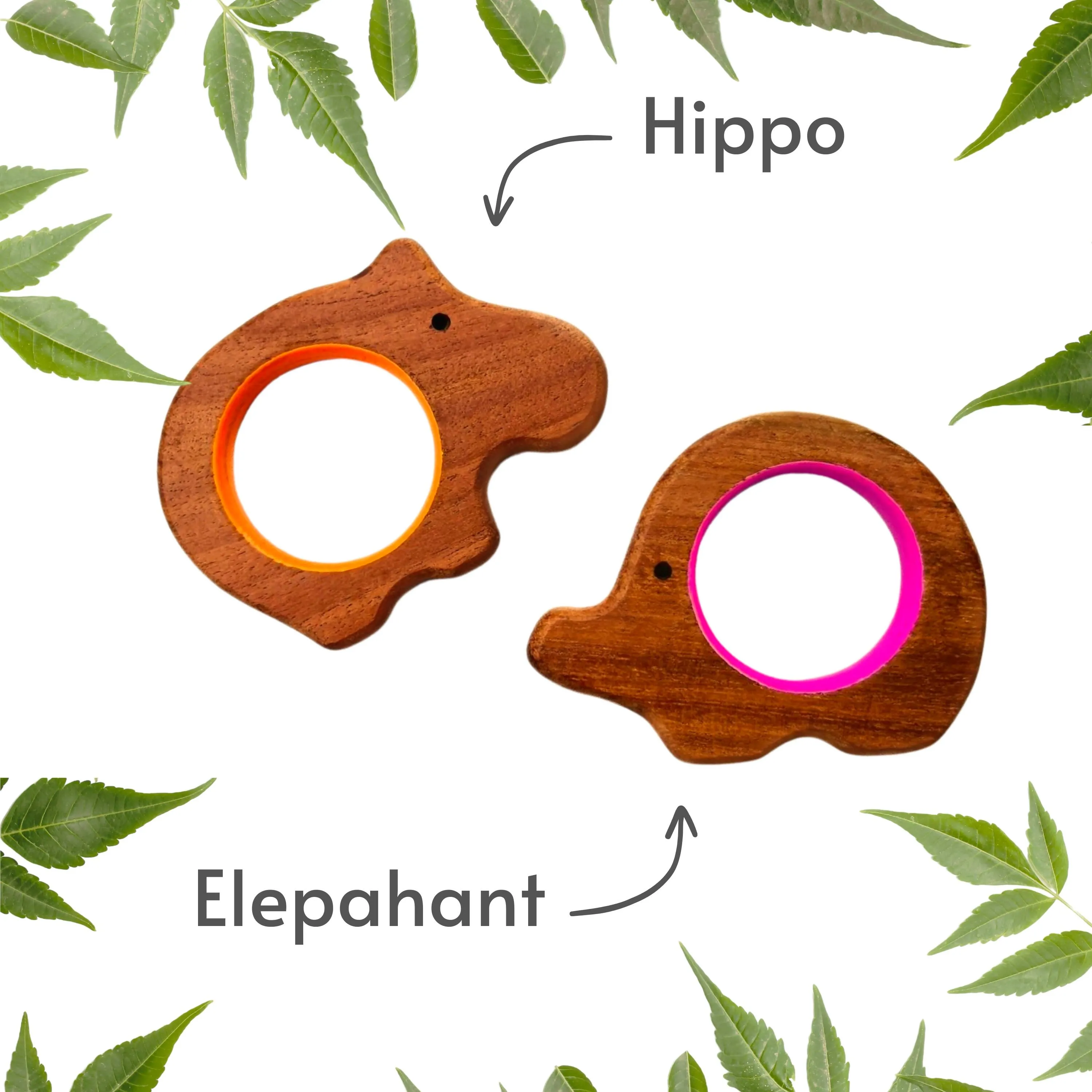 Babycov Cute Hippo and Elephant Natural Neem Wood Teethers for Babies | Natural and Safe | Goodness of Organic Neem Wood | Both Chewing and Grasping Toy | Set of 2 (Age 4  Months)