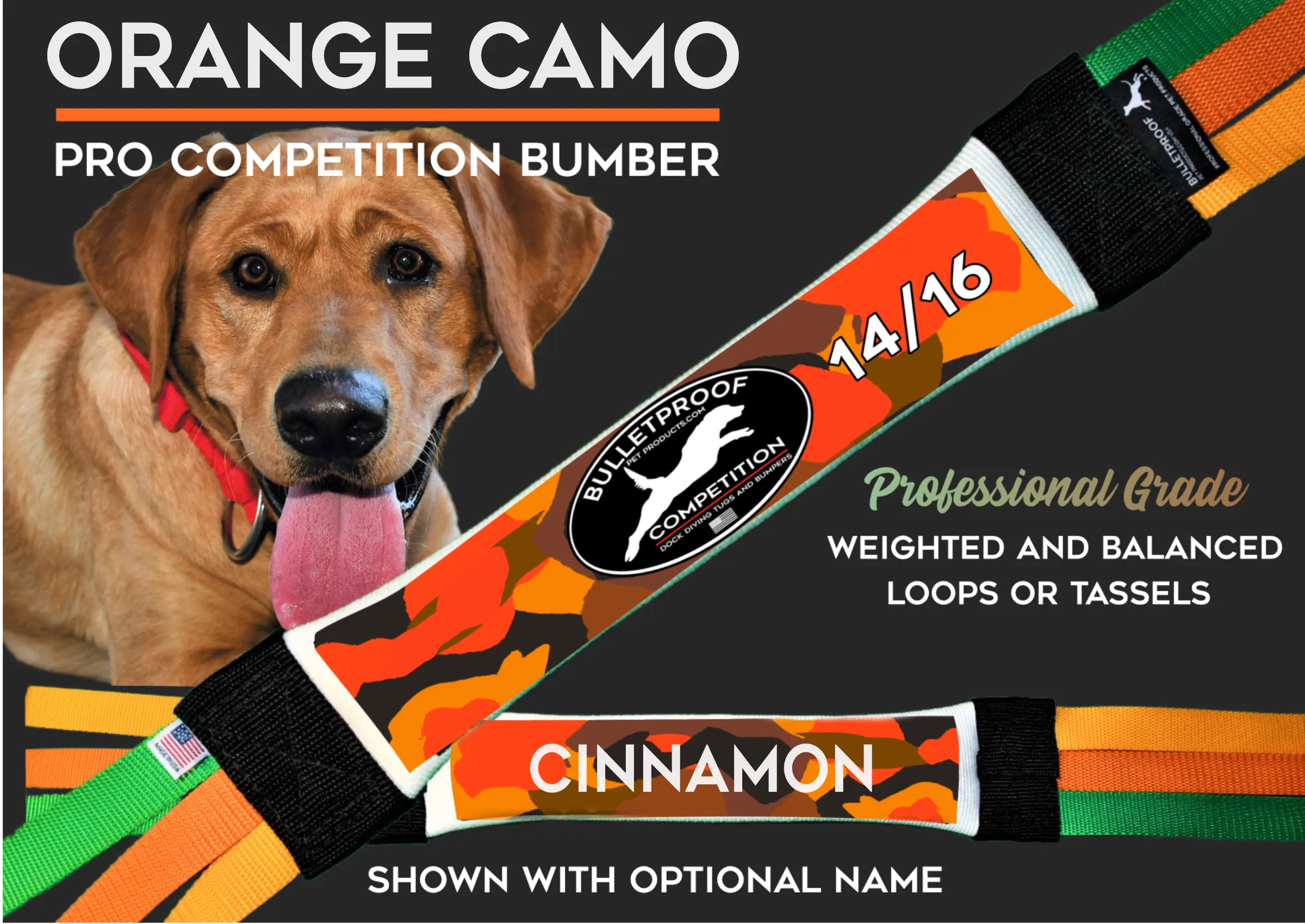 Dock Diving Bumper Tug - Competition Series Weighted - New Orange Camo - Hybrid, Loops OR Tassels