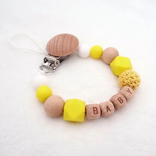 Handmade Free Personalized Name Silicone Wood Pacifier Clips Safe Teething Chain Baby Teether Eco-friendly Dummy Clips Holder (Yellow)