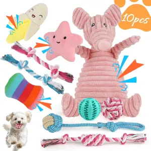 MASBRILL Dog Toys for Small Dogs ,10 Pack Puppy Chew Toys for Teething and Training with Plush Squeaky Toys, Treat Ball and Rope Toys to Keep Them Busy,Pink Pig