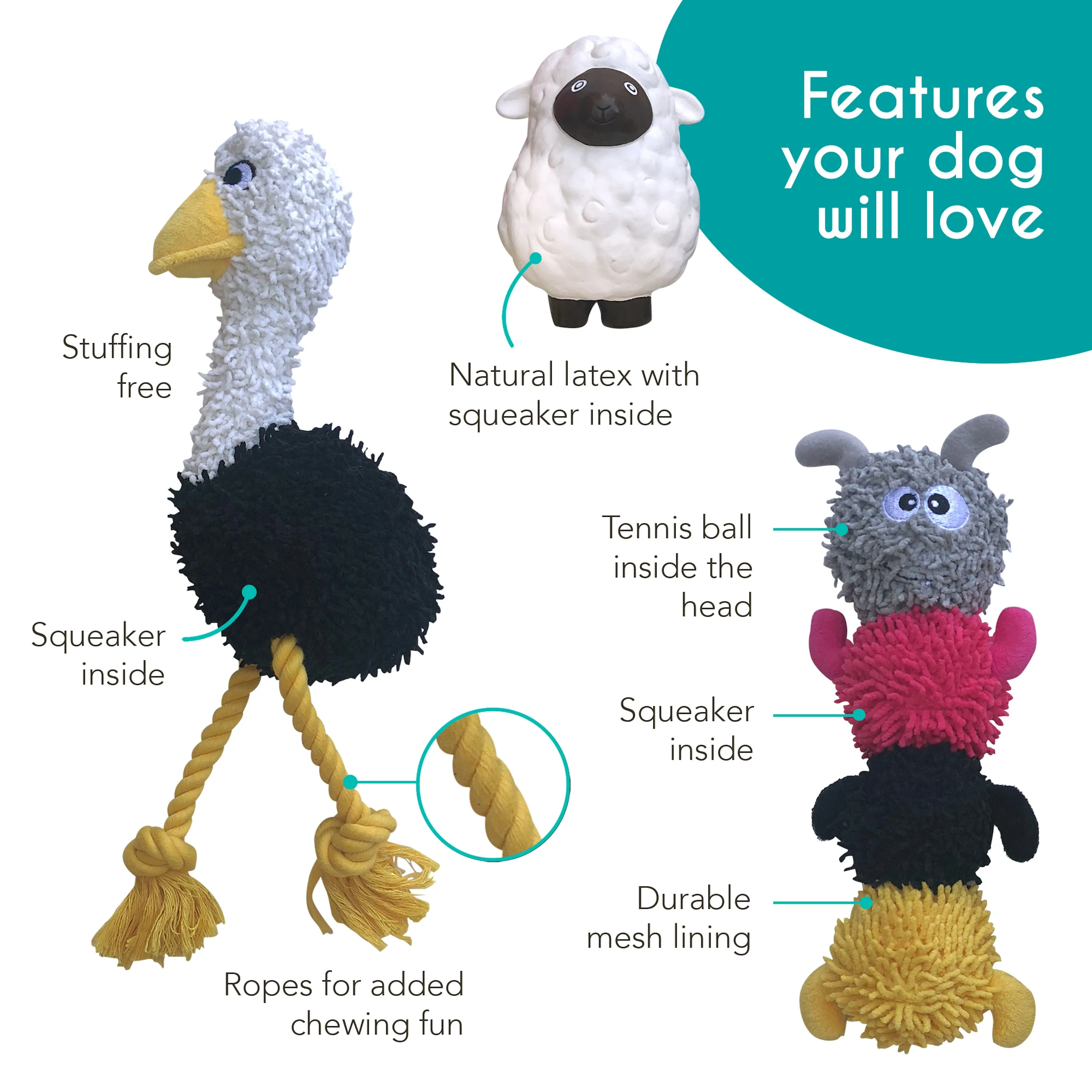 Rope, Squeakers and Plush, 3-Pack Dog Chew Toy Set, Sheep