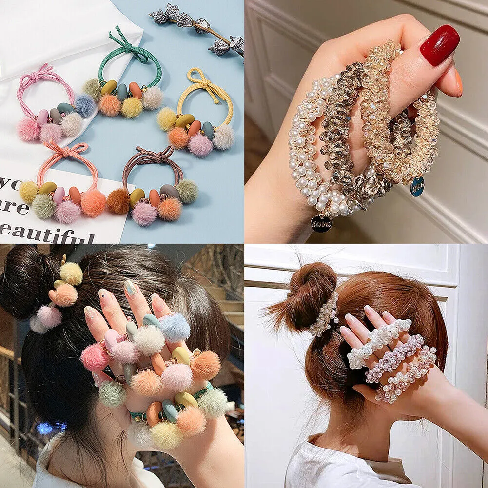 US 5~10Pcs Hair Tie Elastic Band Scrunchies Crystal Pompom Pearl Ponytail Holder