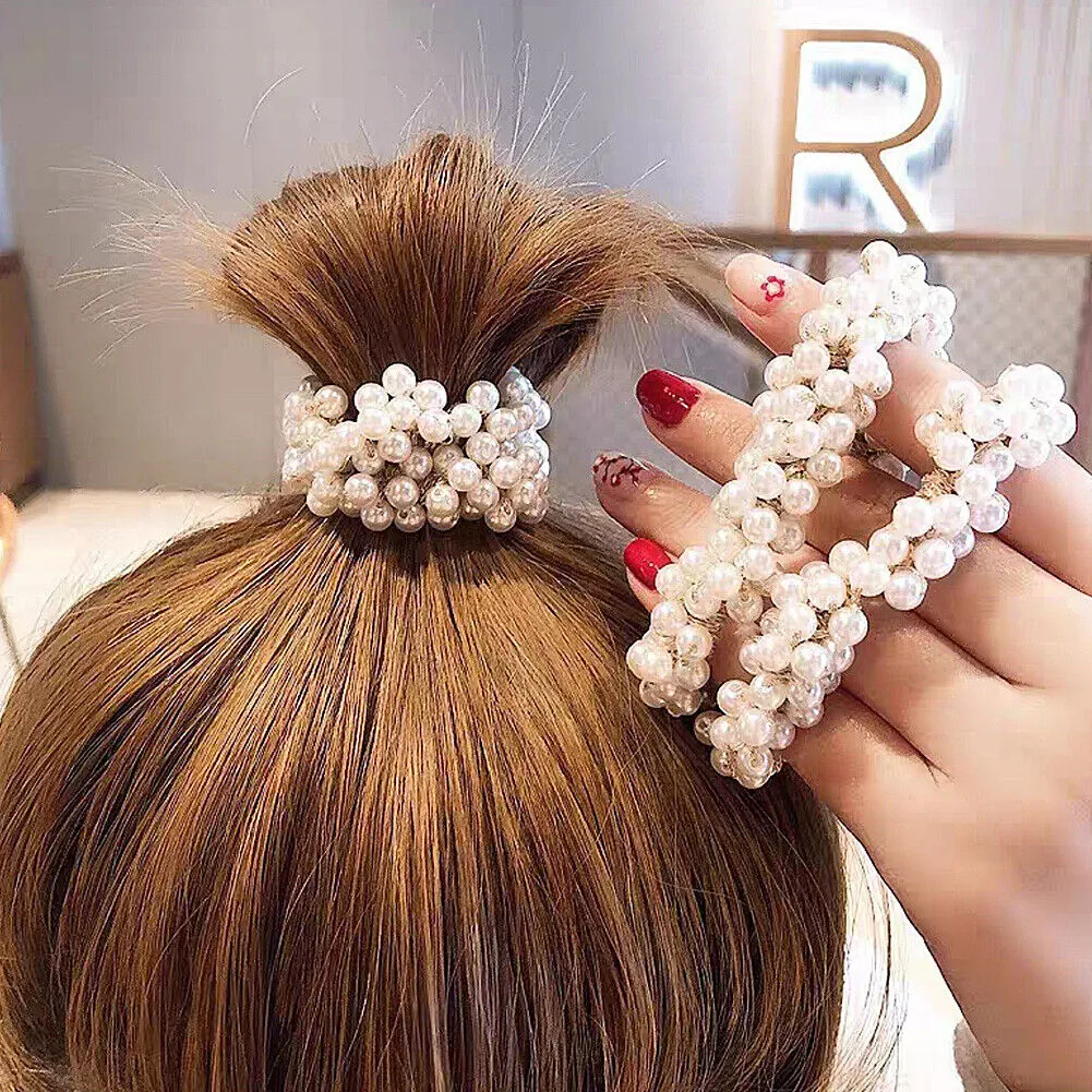 US 5~10Pcs Hair Tie Elastic Band Scrunchies Crystal Pompom Pearl Ponytail Holder